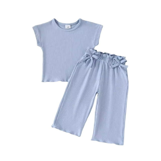 Odeerbi 6M-4Y Conjunto de Verano Para Niñas de Manga Corta de Algodón Con Ribete de Lechuga Pantalones Anchos Conjunto de Dos Piezas