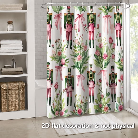 Hoease Watercolor Nutcracker Pink Rose Shower Curtain, 71W x 71L Inch Waterproof Fabric Bathroom Curtain with 12 Hooks, Romantic Floral Holiday Bath Decor