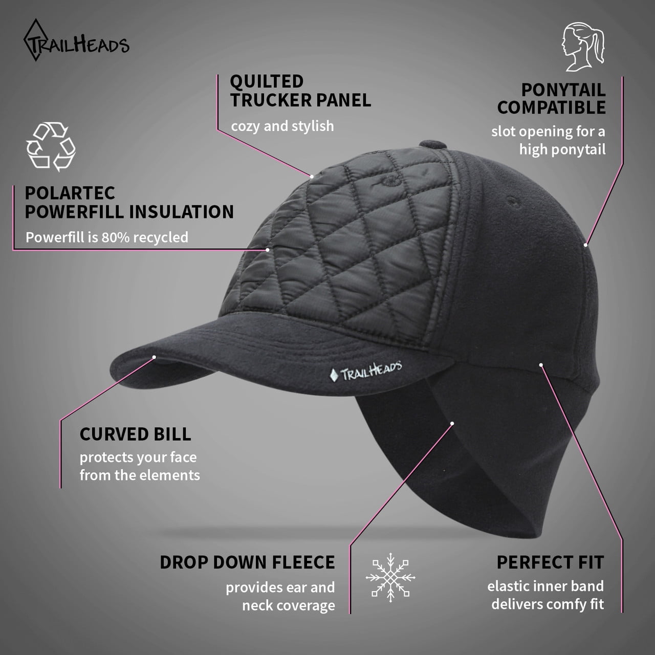?Women’s Quilted/Black Winter Ponytail Trucker Hat with Drop-Down Ear Warmers Winter Trucker Hat for Women - Quilted Ponytail Hat main image 3