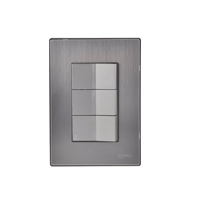 Placa armada con 2 apagador sencillo y 1 apagadores escalera de 1 módulo, Color Plata INOX1016. iGoto Placa armada INOX