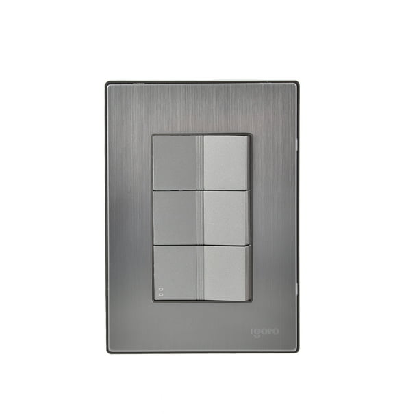 Placa armada con 2 apagador sencillo y 1 apagadores escalera de 1 módulo, Color Plata INOX1016. iGoto Placa armada INOX