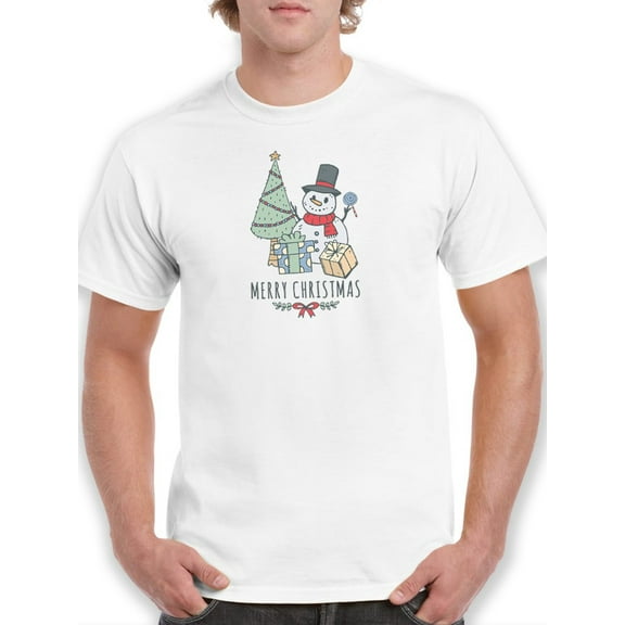 Merry Christmas Snow Man At Pine Tree Men White T-Shirt, Male x-Large