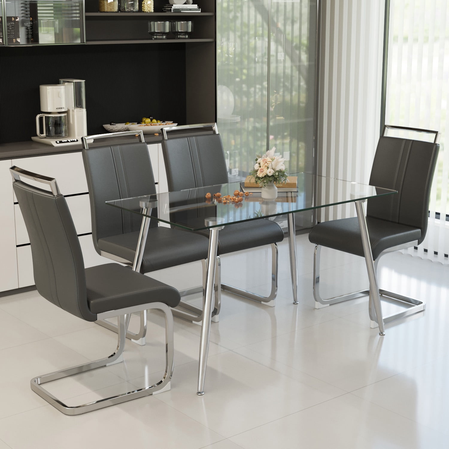 51" Glass Dining Table Set for 4, Silver Plating Legs with PU Armless Chairs, Modern Rectangle Tempered Glass Top​