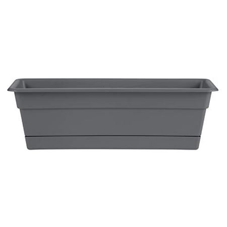 Bloem Dura Cotta Window Box Planter W/Tray 24 x 5.75 Plastic Rectangle Charcoal Gray DURA COTTA COLLECTION by Bloem: The Bloem Dura Cotta Rectangular Window Box Planter provides your plants with a healthy environment. Made with plastic  its construction enables long lasting utility. You can use this widow box in your garden to plant herbs  tomatoes  onions or peppers. The Dura Cotta Rectangular Window Box Planter by Bloem is rectangular in shape and allows excessive water to drain. Includes attached drainage tray. It is from the Dura Cotta collection and keeps your plants fresh. This window box is designed for maximum usage and is perfect for outdoor spaces. Color Gray Shape Rectangle Material Plastic Resin. High-Density Polyethylene (HDPE) #2 & Polypropylene (PP) #5.