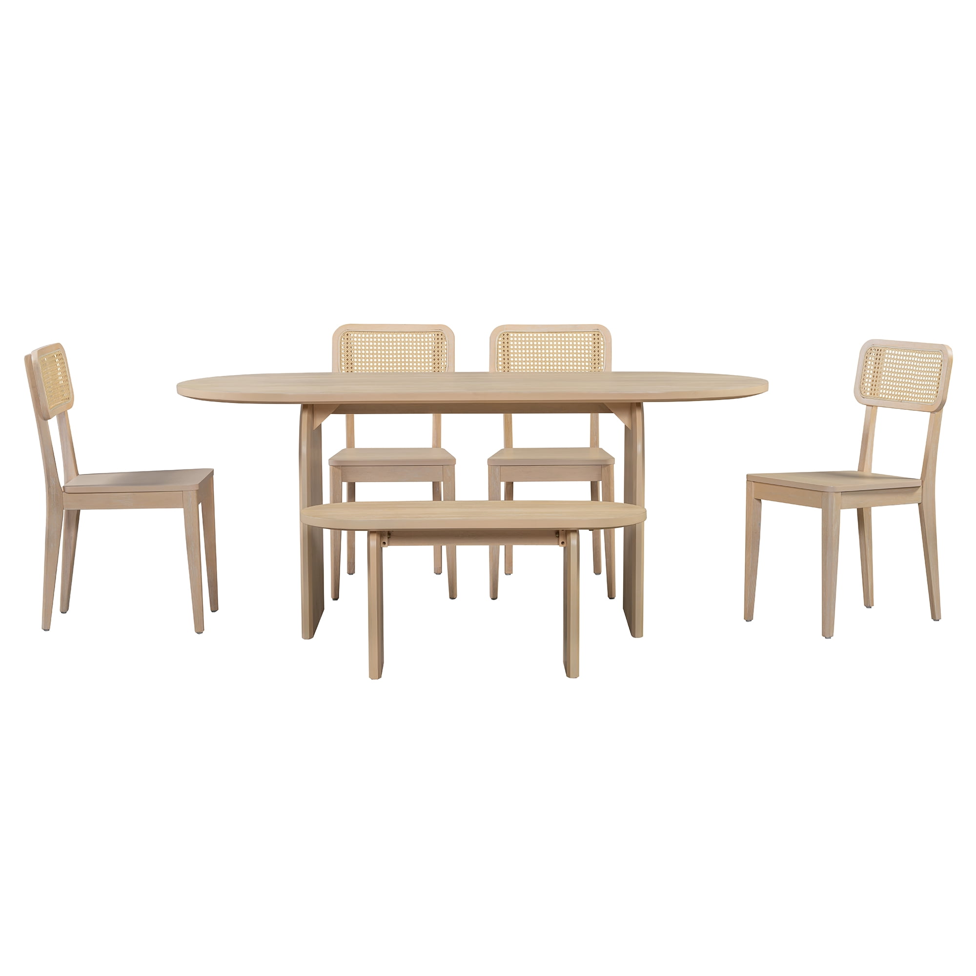 6 Piece Dining Table Set for 6, 71" Oval Dining Table with 4 Chairs and Bench