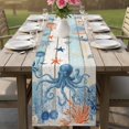 thumbnail image 4 of Coastal Octopus Table Runner 70 Inches, Nautical Coral Leaf Turquoise Wood Grain Bed Runner Dresser Scarves Tabletop for Indoor Outdoor Parties/Ceremony/Banquet, 13" x 70", 4 of 9