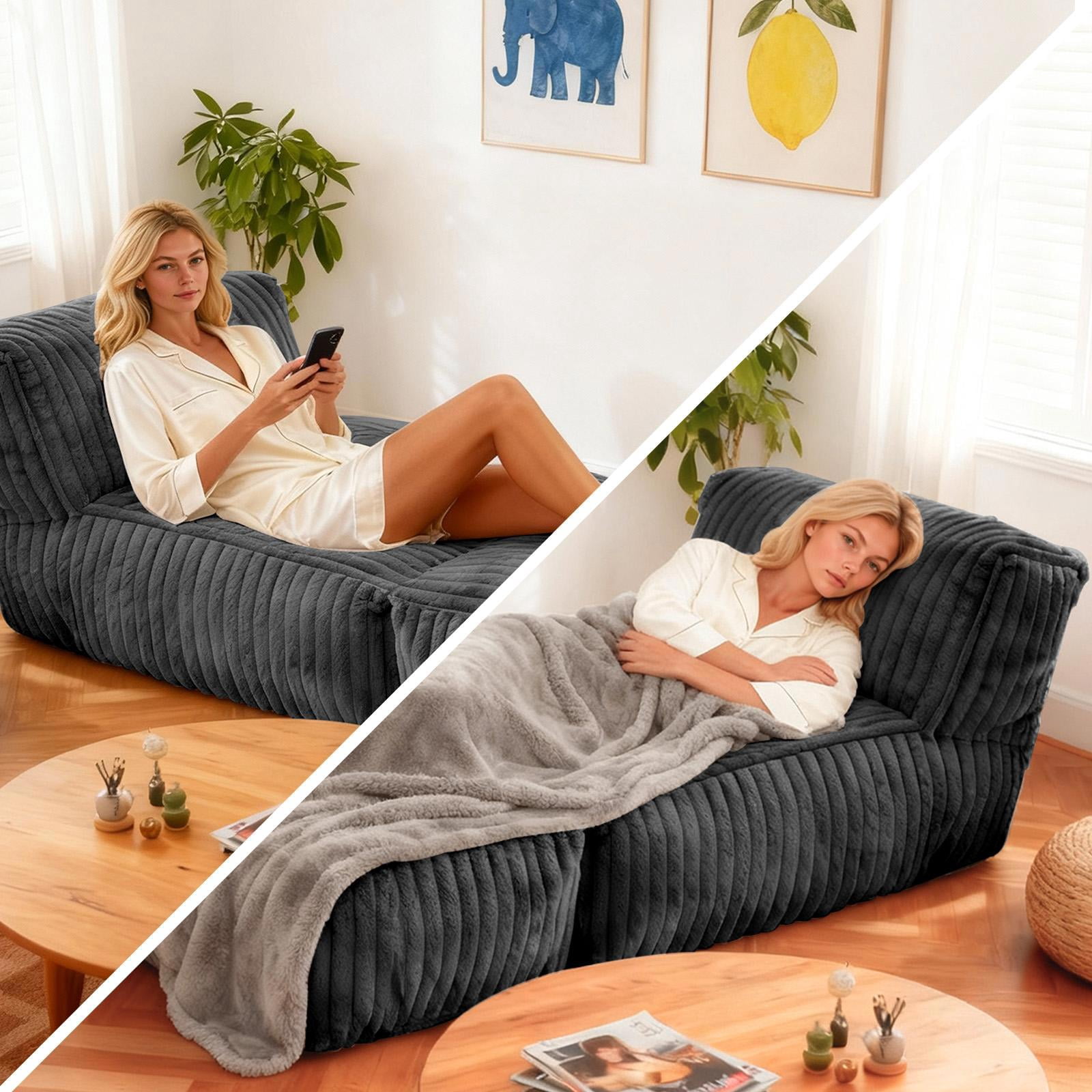Hommoo Modular Floor Chaise Lounge, Multi-Scene Relaxed Convertible Sofa Bed, Dark Gray