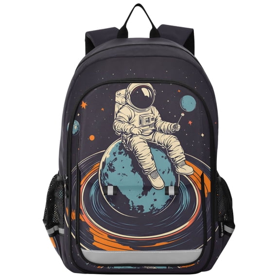 FORMRS Unisex School Backpack 17" Student Travel Bag with Laptop Compartment, Black Astronaut Record