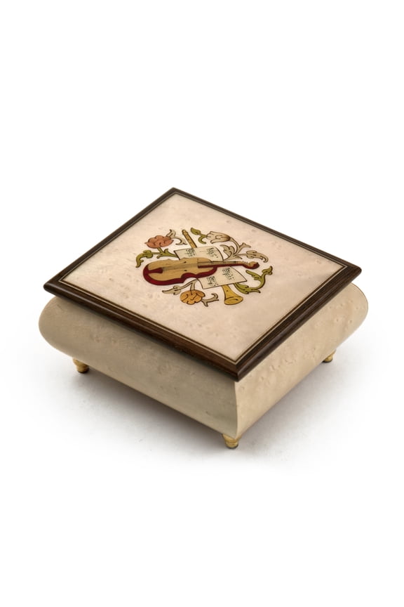 Sophisticated Cream Stain Music Box with Violin Wood Inlay - 9th Symphony (Ode to Joy, Hymm European)