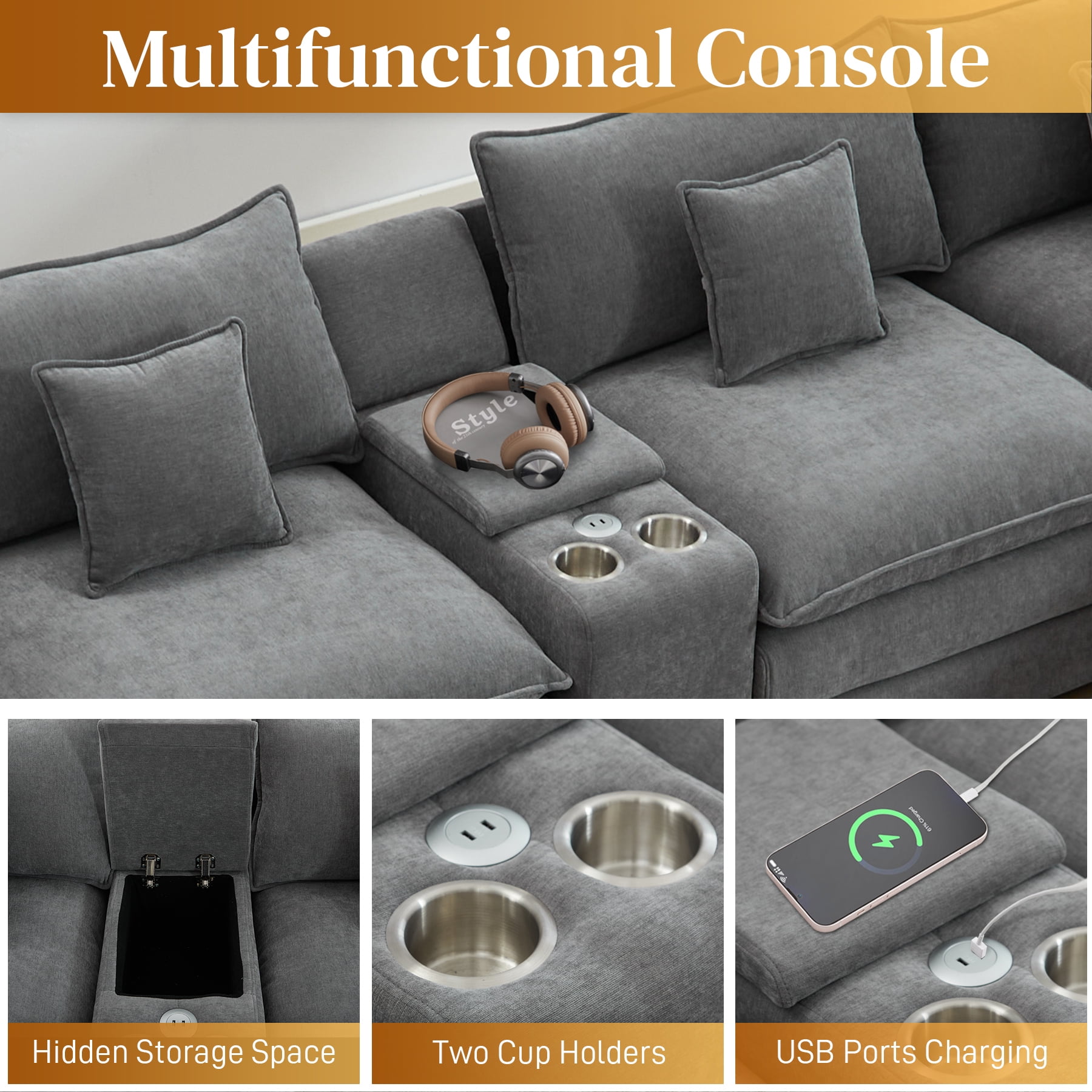 avobird Oversided 145" U Shaped Cloud Couch Sectional, DeepSeat Sofa Bed with USB Charging, Hidden Storage, Cup Holders & Chenille Double Chaise, Gray