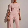 thumbnail image 2 of VIWORLD Women's Solid Color Round Neck Mid-Sleeve Jumpsuit with Pearl Accents, Elegant & Casual Summer Outfit, 2 of 4