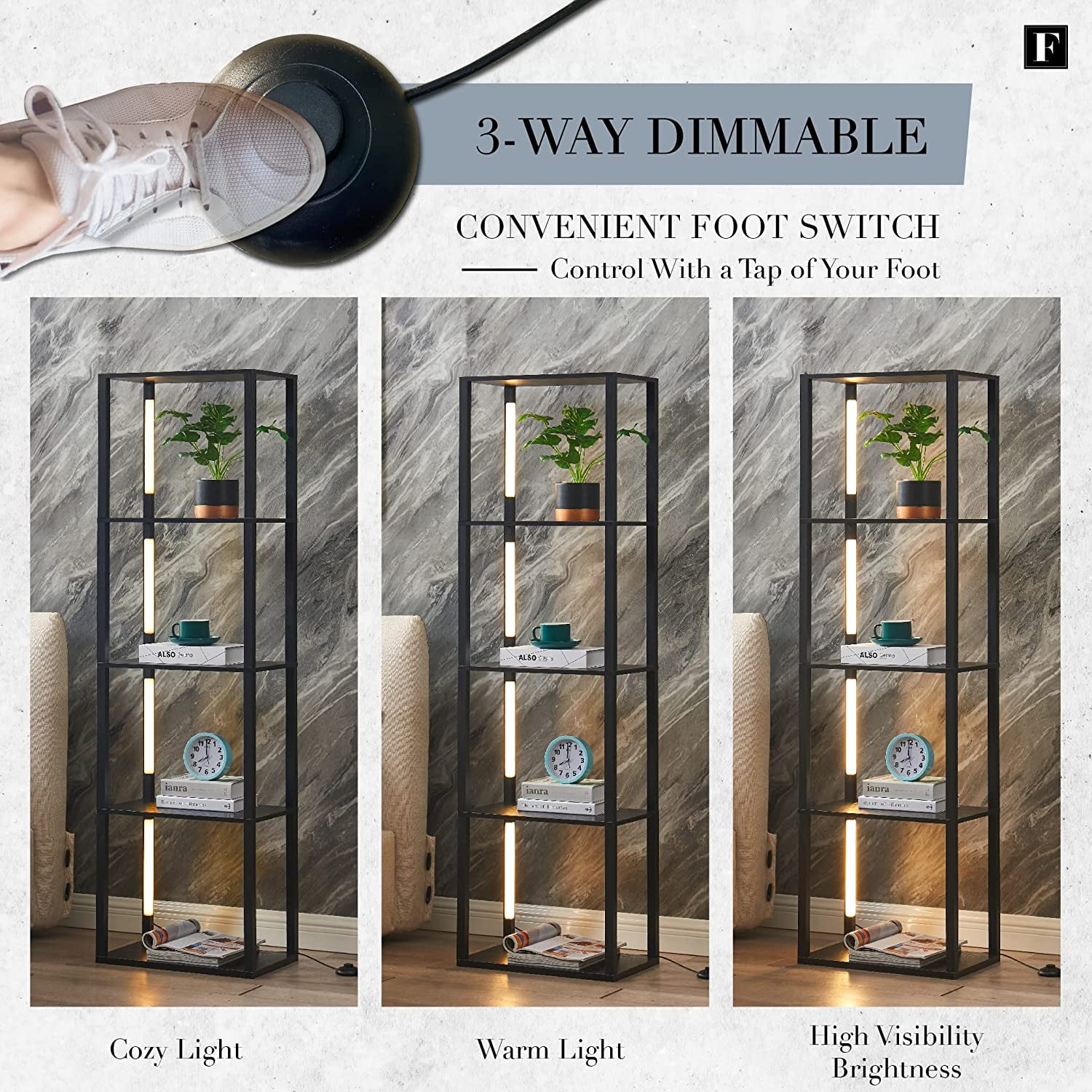 FENLO Fancy - LED Display Shelf with Dimmable Lights, LED Shelf Floor Lamps for Living Room, Sturdy Corner Shelf Curio Cabinet Display, Tall Floor Lamps with Shelves