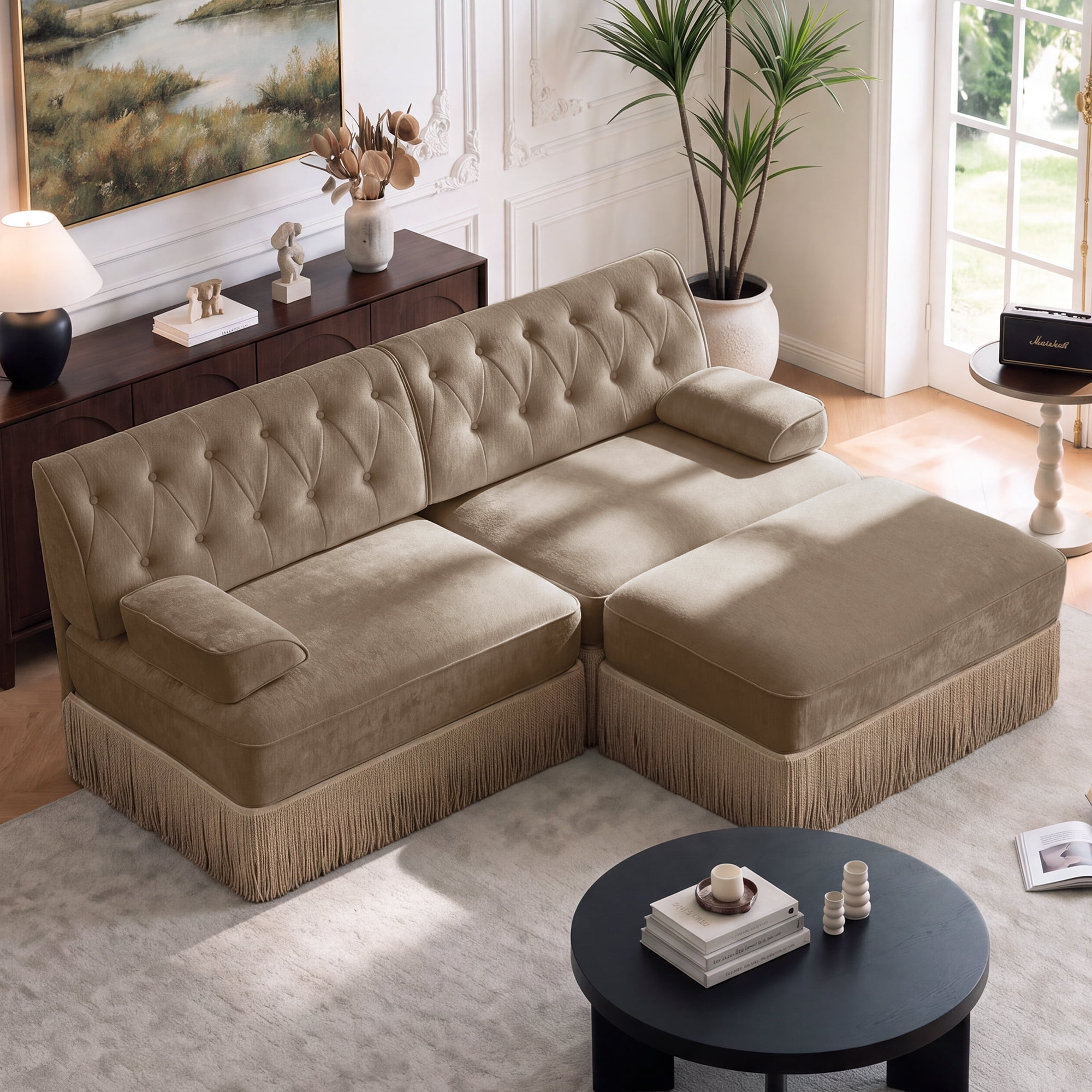76.6" Chesterfield L-Shaped Modular Sectional Loveseat Sofa Set with Ottoman and Tassel Skirt, Easy to Assemble