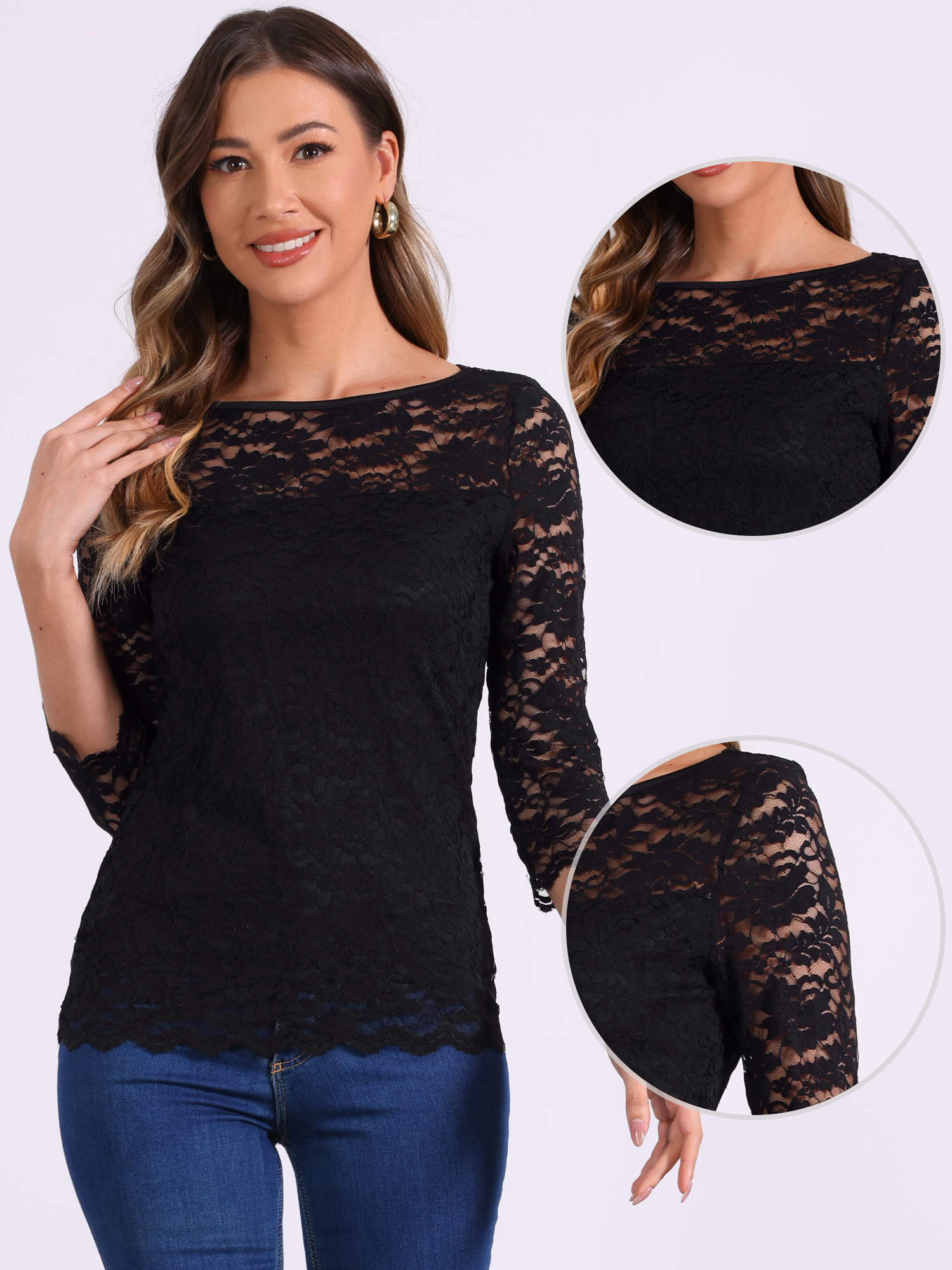 DARING DIVA Women's 3/4 Sleeve Crew Neck Floral Lace Tops M Black