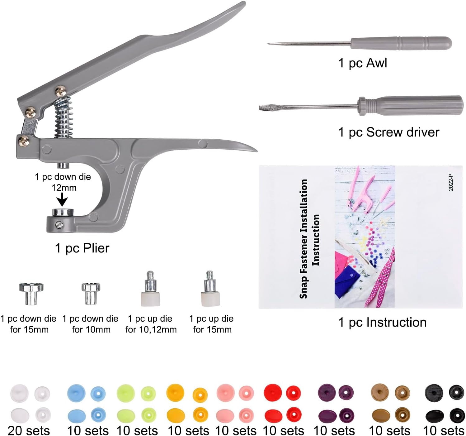 Plastic Snap Fastener Kit with Plier Screwdriver Awl and Storage Case, 100 Sets Snaps, 9 Colors T5 Buttons, 12mm Cap. Snap Plier for T3(10mm), T5(12mm), T8(15mm) Buttons, Grey