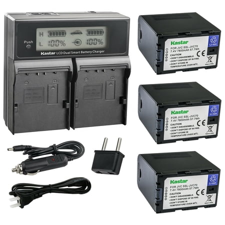 Kastar 3-Pack Battery and AC LCD Dual Fast Charger Compatible with JVC GY-HMQ10 GY-HMQ10E GY-LS300 GY-LS300CHU GY-HM200 GY-HM200U GY-HM200HW GY-HM200SP GY-HM200SP SPORTS GY-HM250 GY-HM250SP