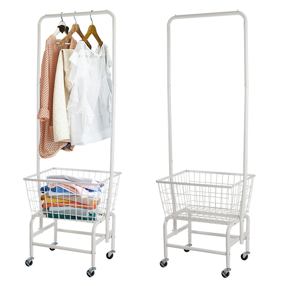 3Tier Metal Rolling Laundry Cart with Hanging Bar