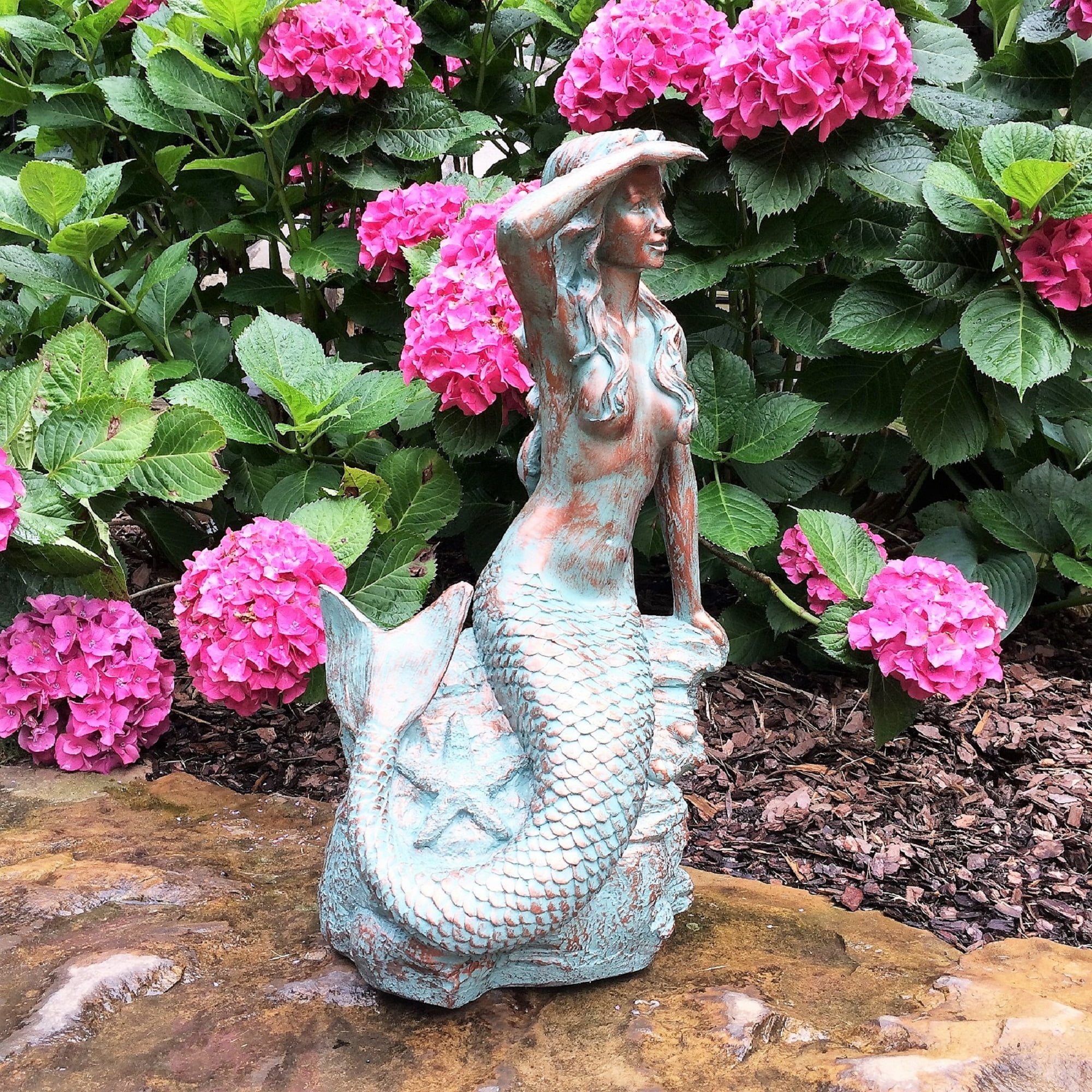 Homestyles 22 in. Bronze Patina Classic Mermaid Sitting on Coastal Rock Looking Out to Sea Beach Nautical Extra Large Statue