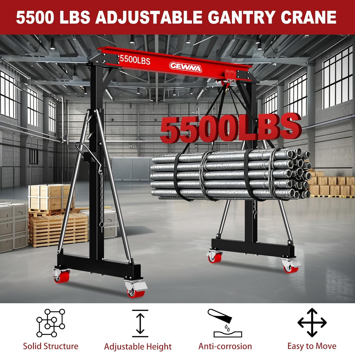 Gewna Adjustable Steel Gantry Crane, 2 Ton/ 5000 lb Capacity, 8.2-12.5ft, Portable Lift Hoist on Wheels with Manual Trolley