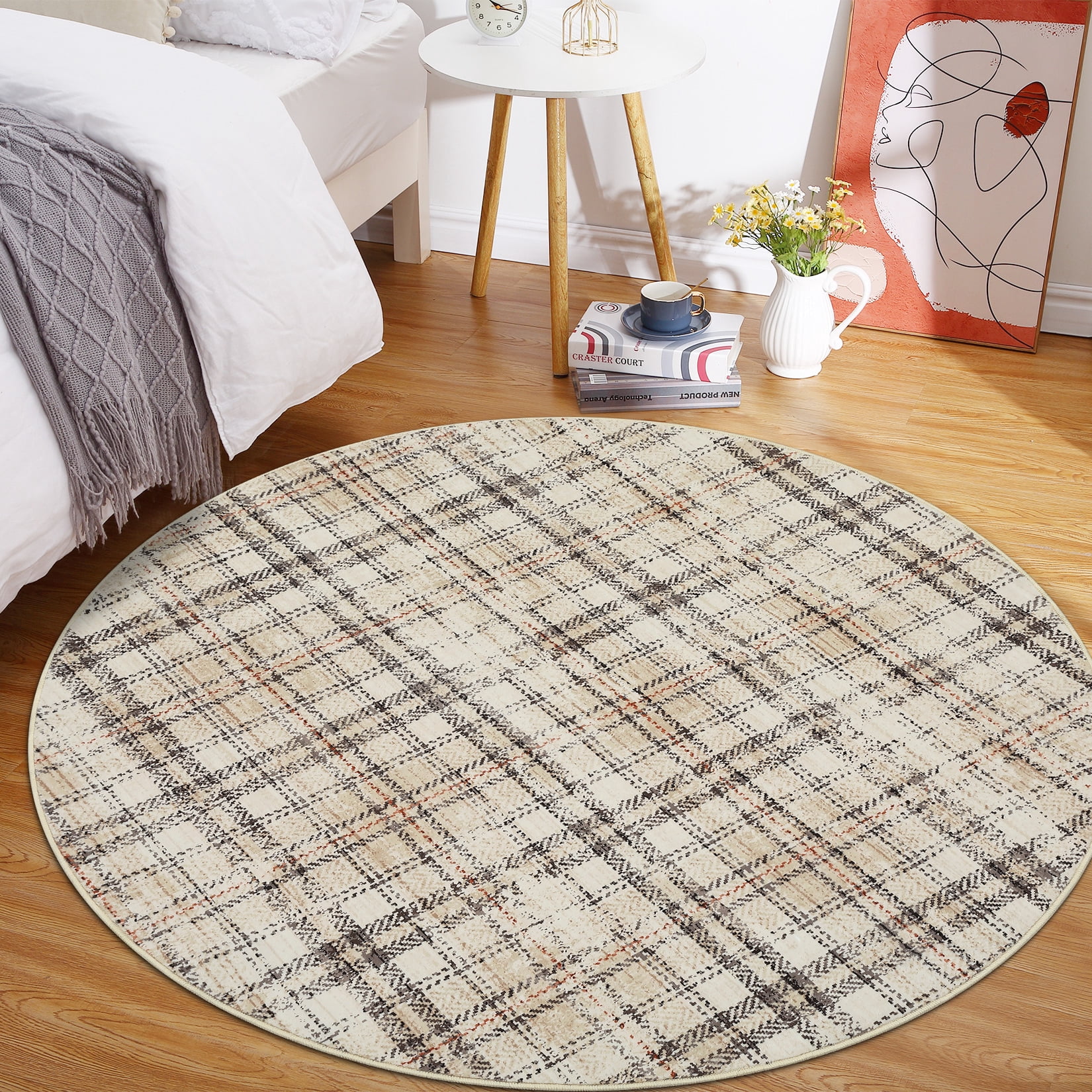 Garvee Plaid Area Rug 6x6ft Modern Round Washable Rug, Non Slip Stain Resistant Rug Geometric Carpet for Living Room Bedroom Home Office, Beige