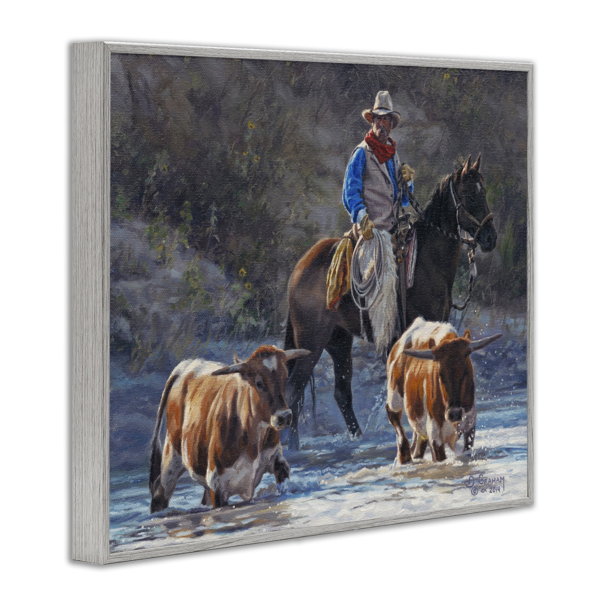 Stupell Industries Cowboy Crossing River Animals & Insects Painting Gray Framed Art Print Wall Art, 20 x 16
