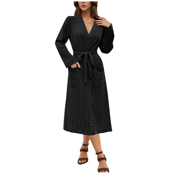 Womens Knitted Stripe Long Bathrobe Open Front Drawstring Adjustable Spa Robe Plush Soft Long Sleeve Nightgown Loungewear Solid Basic Comfort Casual Sleepwear with Double Pockets