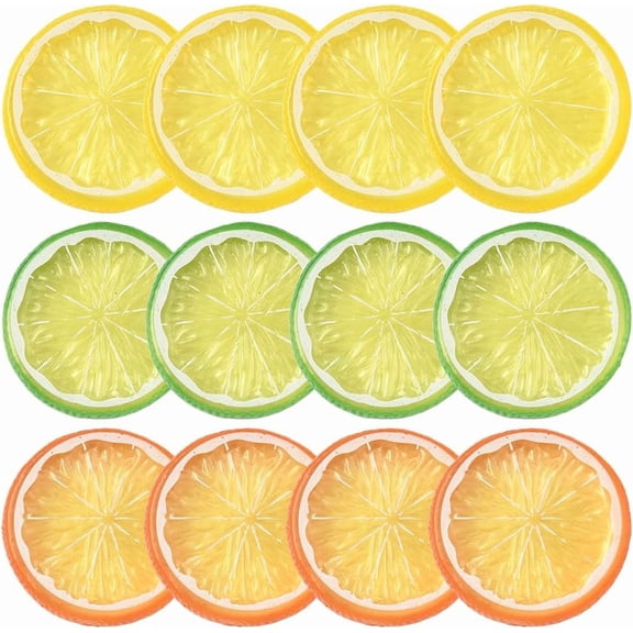 3 Colors 12Pcs Lemon Slices Decorations Artificial Lemon Slices Bulk Plastic Small Orange Green Yellow Realistic Simulation Fruit for DIY handcrafting