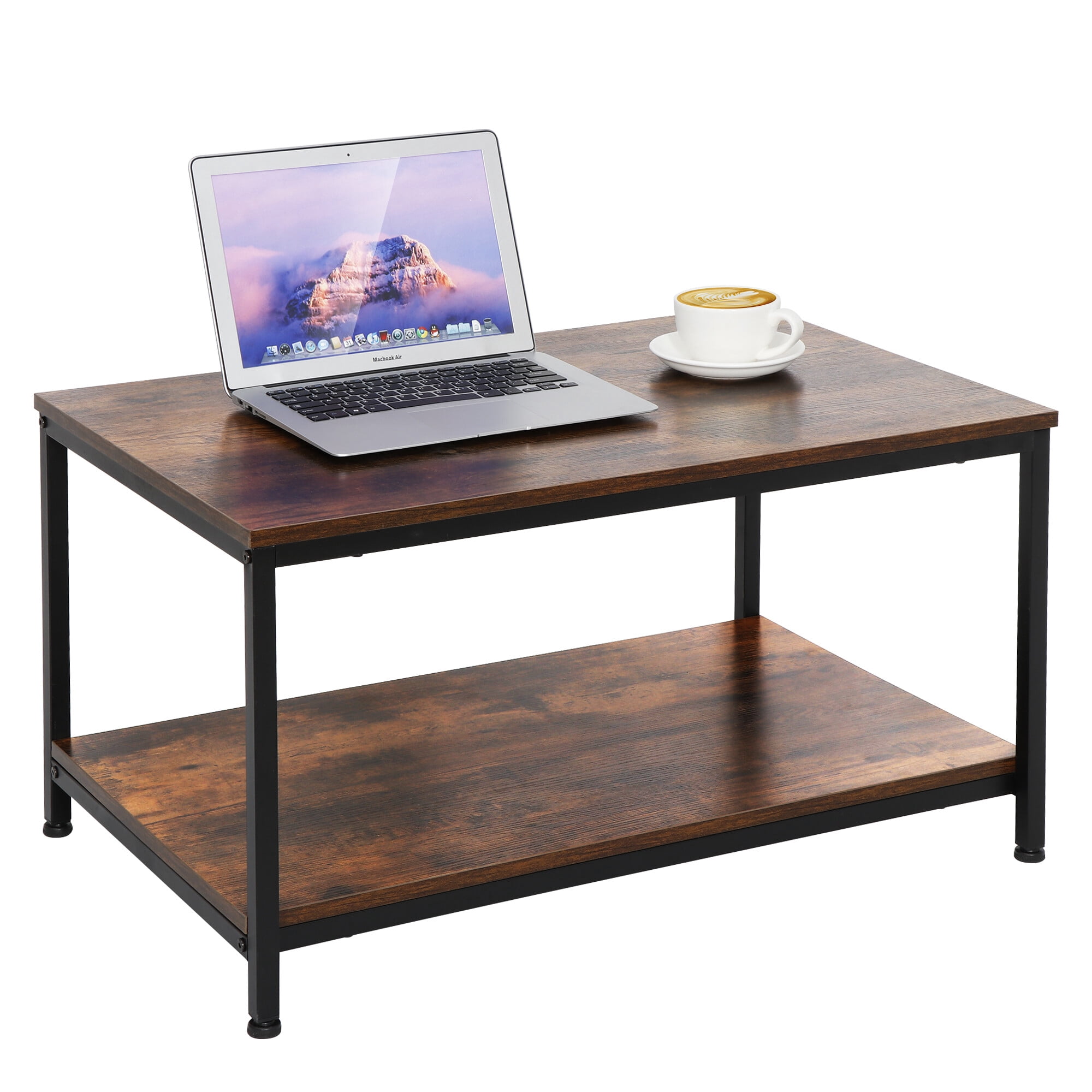 HomGarden 2-Tier Industrial Coffee Table W/Storage Shelf, Rectangular Retro Cocktail Table, Brown