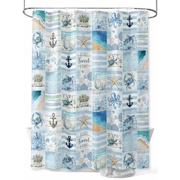 Coastal Shower Curtain, Nautical Beach Ocean Anchor Bathroom Decor Curtains Set with Hooks, Aqua Baby Blue Waterproof Fabric Home Accessories, 60 X 72 Inch Long