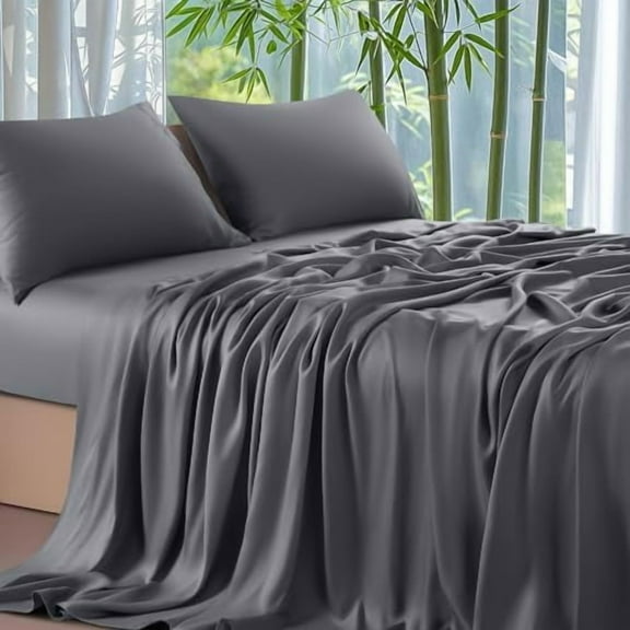 Shilucheng 100% Viscose Derived from Bamboo_ Sheets Queen Size 4pcs - Ultra Cooling & Silky Soft Bed Sheets, 16" Deep Pocket, Perfect for Hot Sleepers, Hotel Bedding Sheets (Dark Grey)