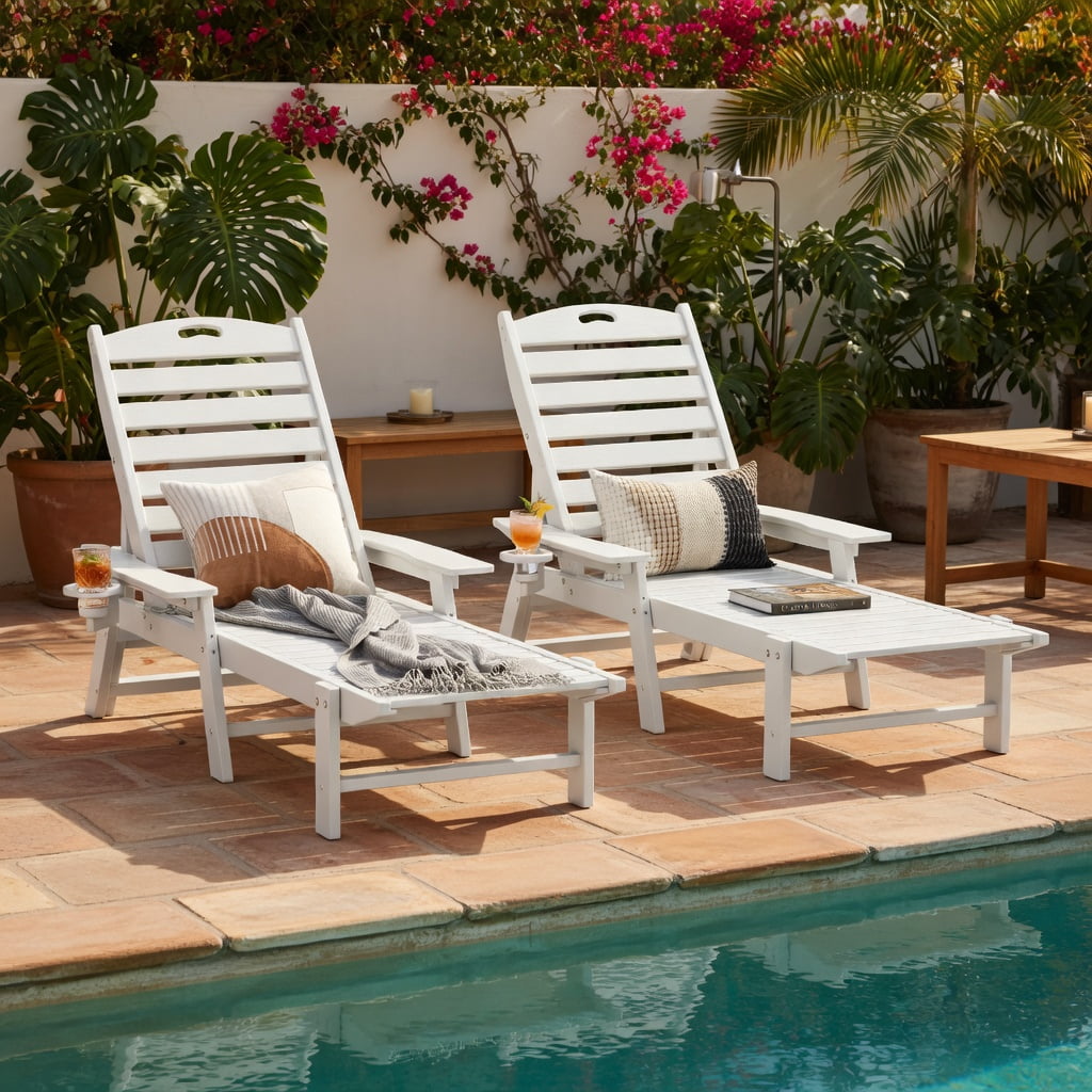 Hommoo HDPE Outdoor Chaise Lounge Chair with 4-Position Adjustable Backrest, Weather-Resistant Patio Lounger for Poolside, Backyard & Porch, White