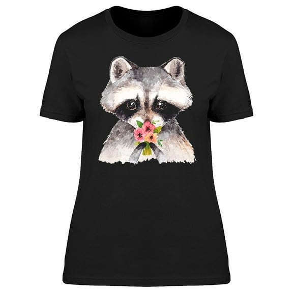 Raccoon Holding Tiny Flowers T-Shirt Women -Image by Shutterstock, Female Small
