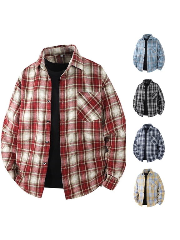 Men Shirts Plaid Casual Shirt For Men Style For Spring And Autumn Ideal For Daily Wear Or Couples Loose Fit With Button Decoration Platform Competitor Flannel Red 4XL