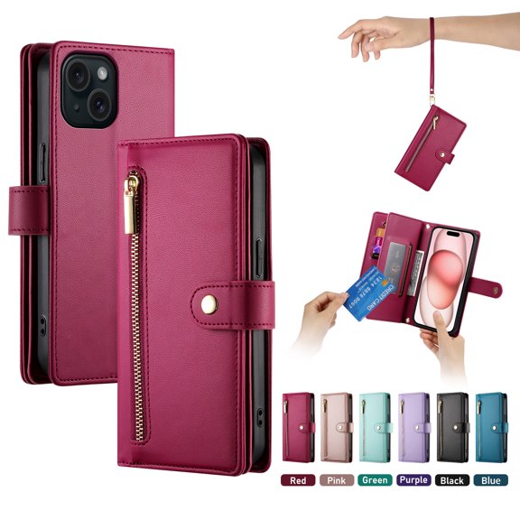 ELEHOLD for iPhone 13 Flip Case, Wallet Zipper Magnetic Buckle Kickstand Wrist Strap Multifunctional Card Slots Wallet Business Case with Crossbody and Wrist Strap,Red
