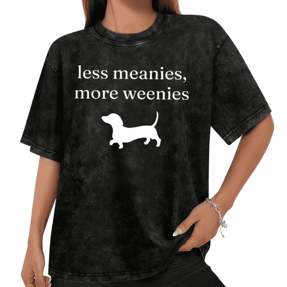 Women Less Meanies More Weenies Dachshund Silhouette White Graphic Tees T Shirt Tops Round Neck Cotton Washed T Shirt Black S-2XL Plus Size