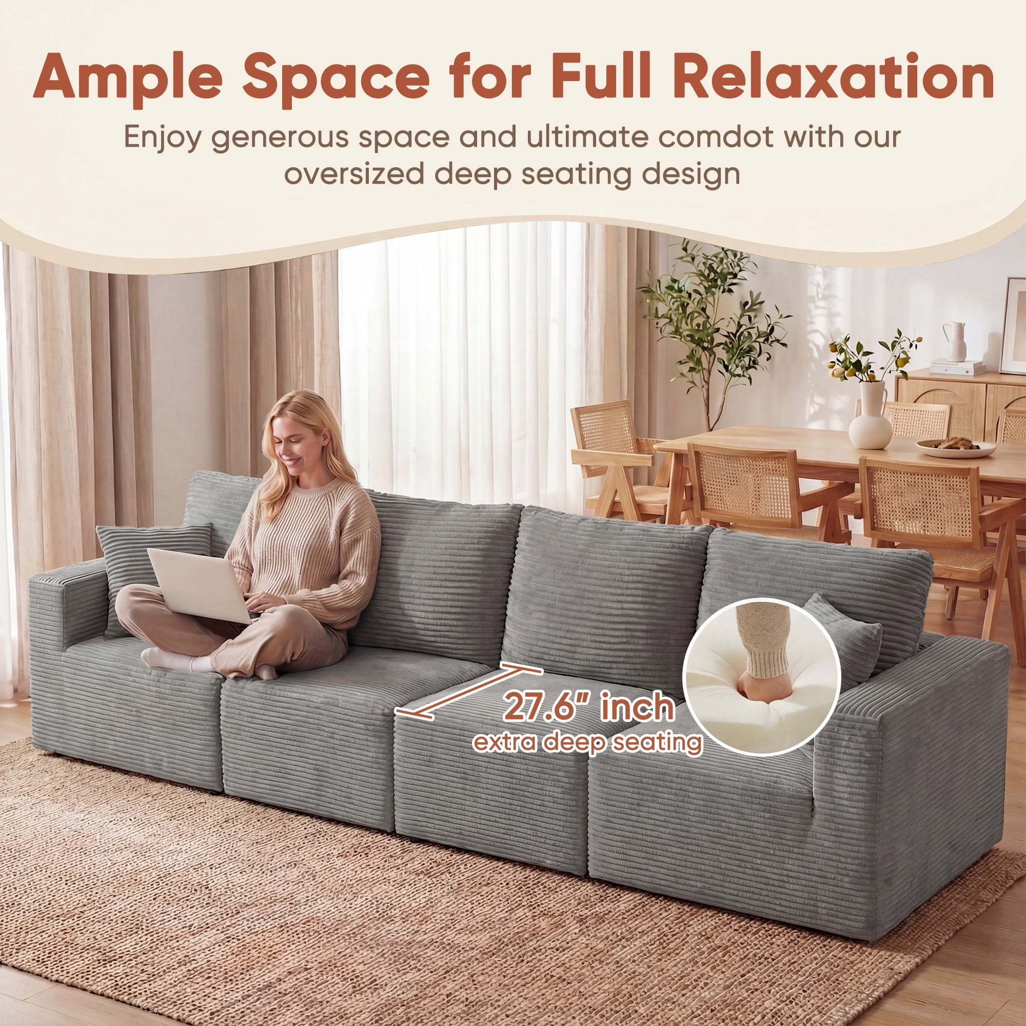 Homall 4-Seat Modular Corduroy Sofa, Sectional Couch with Convertible Modules, Modern Minimalist Sofa Set for Living Room, Freely Combinable Sofa Furniture, Grey