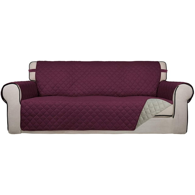 Housse de Sofa Matelassée Réversible, Protège-Meubles Résistant à l'Eau, Housse de Canapé Lavable avec Mousse Antidérapante et Sangles Élastiques pour Enfants, Chiens, Animaux (Sofa, Bordeaux/beige)