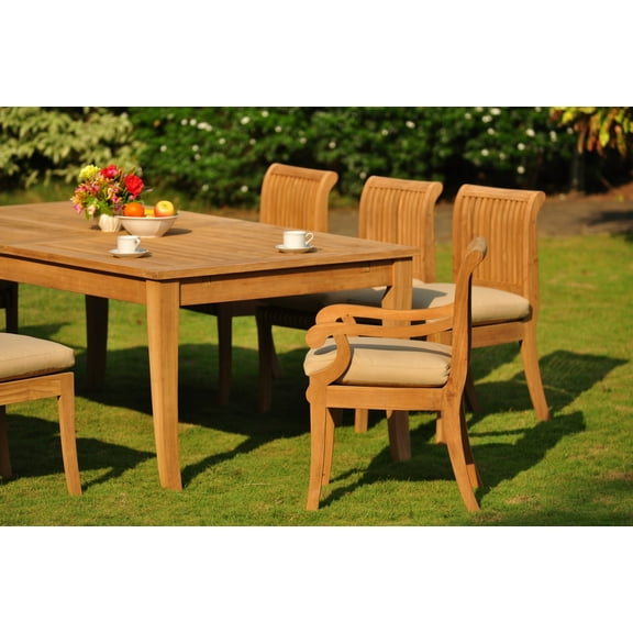 Teak Dining Set: 6 Seater 7 Pc: Large Atnas 118" Dining Rectangle Table Table, 2 Arm & 4 Giva Armless Chairs Outdoor Patio Grade-A Teak Wood WholesaleTeak #WMDSGV54