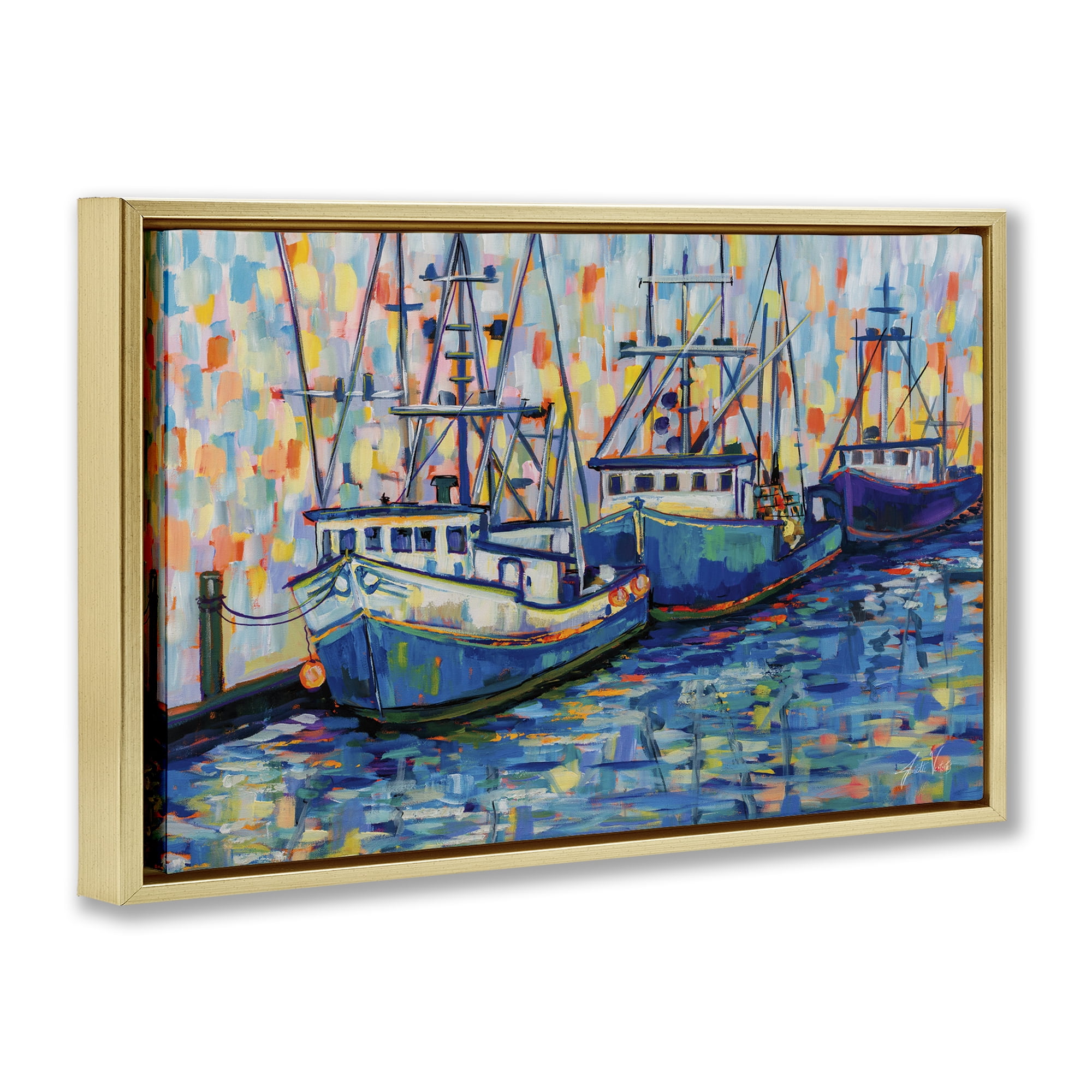 Stupell Industries Vivid Boats in Harbor Transportation Painting Gold Floater Framed Canvas Art Print Wall Art, 31 x 21