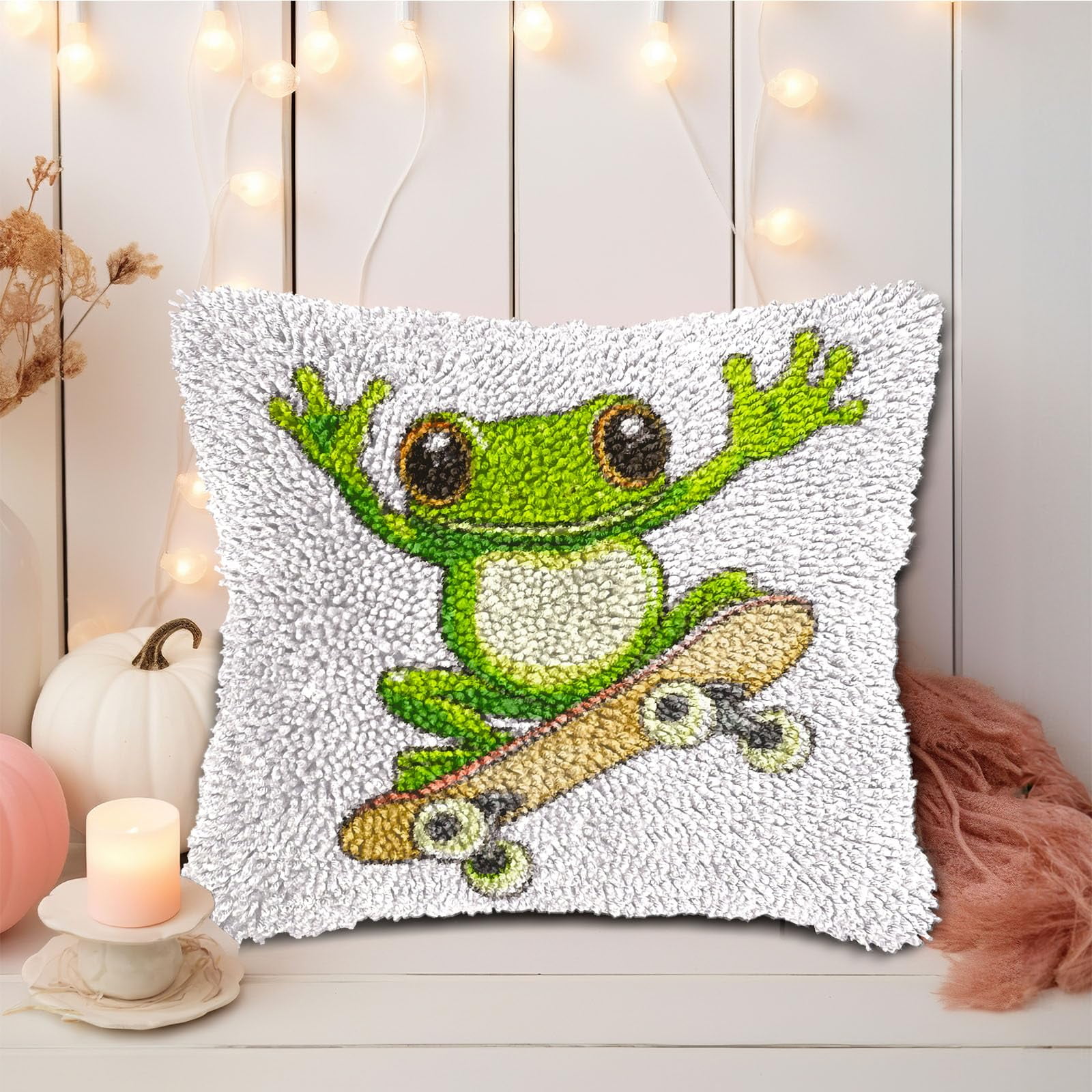 DIY Latch Hook Pillow Kits Cute Cartoon Green Frog Riding on Skateboard Printed Pillowcase Crochet Yarns Hooking Handmade Pillow Cover Cushion for Home Sofa Decoration 17x17inch-1
