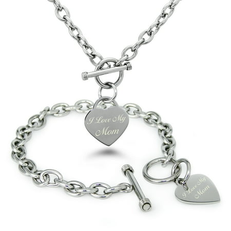 Silk Necklace Bracelet - Stainless Steel I Love You Mom Heart Charm Toggle Bracelet & Necklace