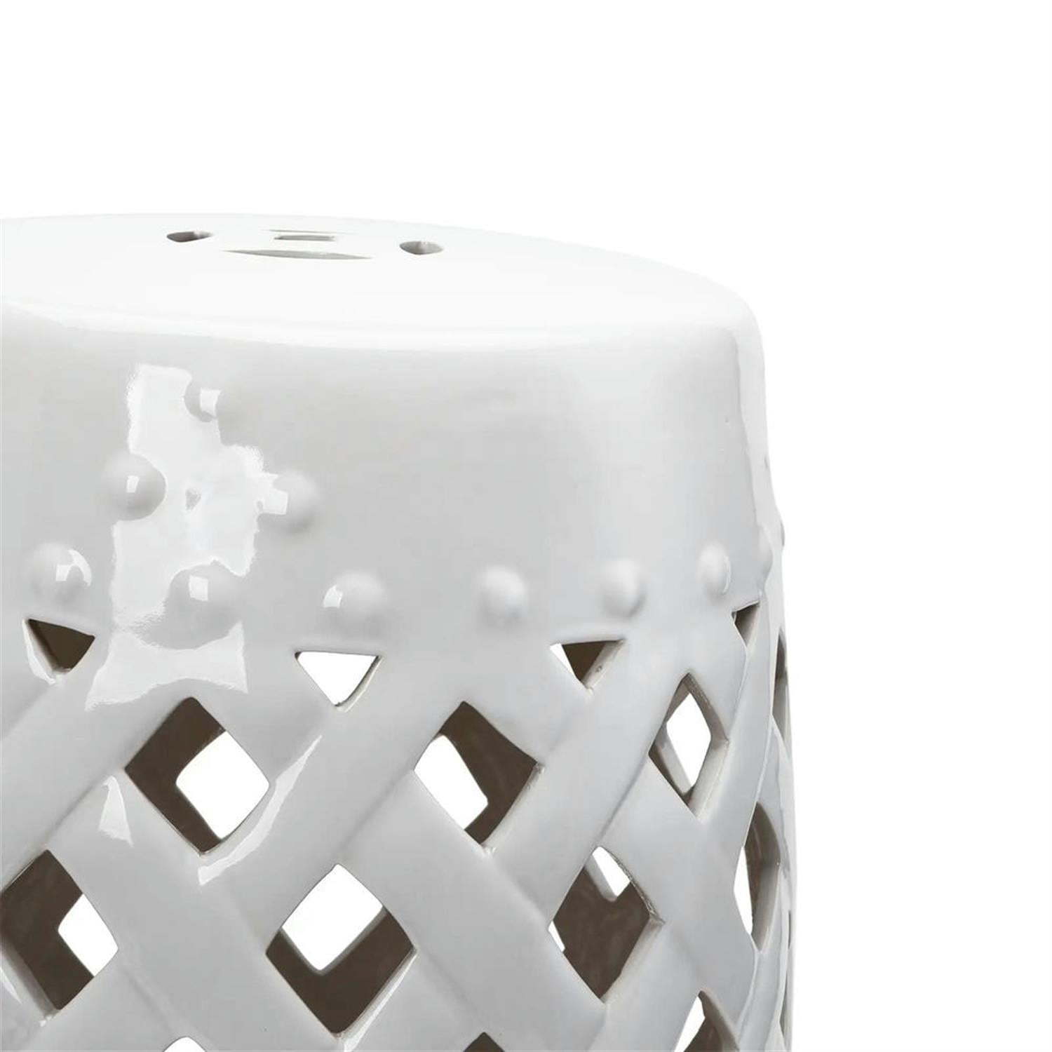 Demi Bonn 12" Large Outdoor Ceramic Stool with Intricate Lattice Design, Decorative Stool for Garden or Patio, White