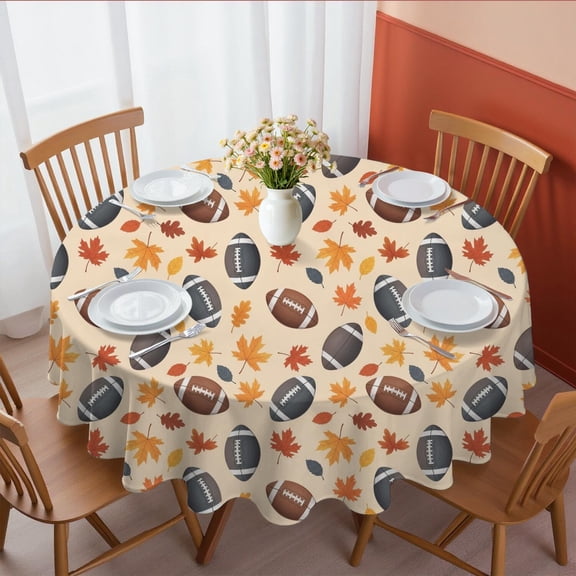 Football Leaf Beige Pattern Round Tablecloth 70"x70", Wrinkle Resistant Wipeable Table Cover for Kitchen Dining Room Picnic Patio and Party
