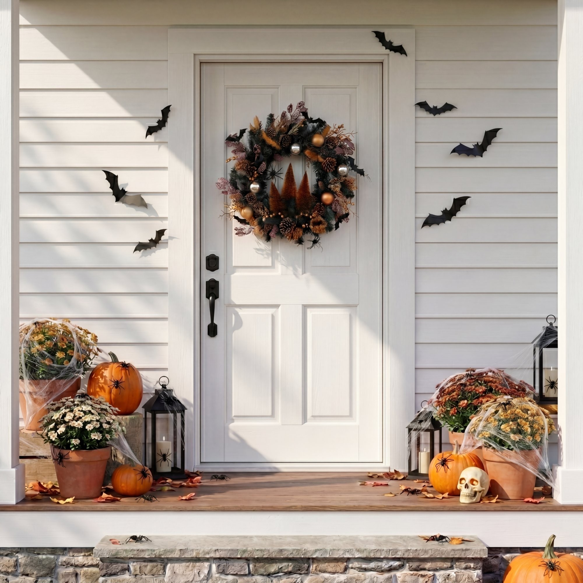 24in. Artificial Halloween Black Mixed Foliage Wreath with Bats, Pinecones and Trees