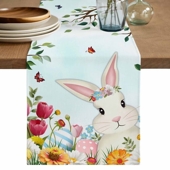 Easter Table Runner 48 Inches, Spring Watercolor Bunny Eggs Tulip Flower Plant Bed Runner Dresser Scarves Tabletop for Indoor Outdoor Parties/Ceremony/Banquet, 13" x 48"