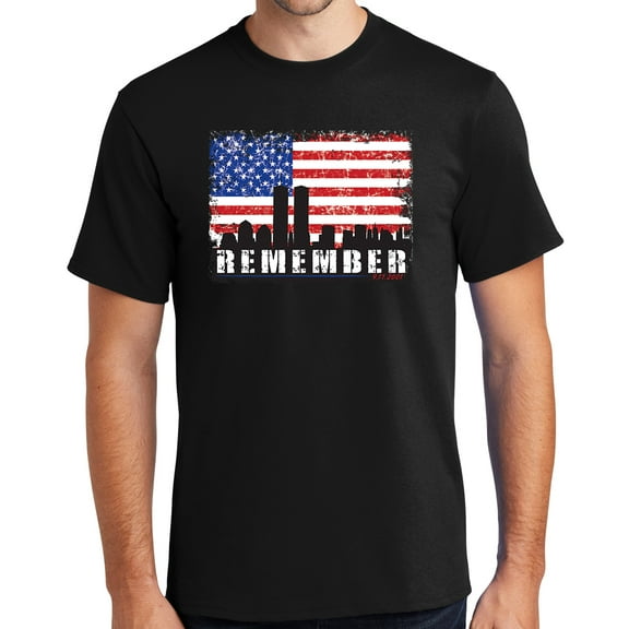 Mens Remember 9-11, 2001 Sept 11th Cotton Tee Shirt, Large Jet Black