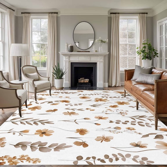 Area Rug for Living Room, Brown Spring Floral Non-Slip Indoor Large Carpet for Bedroom/Dining Room, Flowers Leaves Elegant Pastoral Washable Low-Profile Rectangle Floor Runner Rugs - 6 x 9 Ft