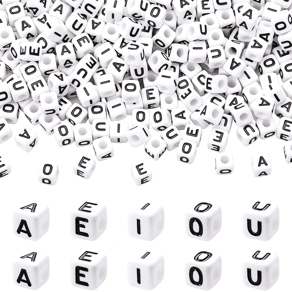 DESIGNICE 300Pcs Large Hole Acrylic Vowel Letter Beads Cube 8Mm Square Alphabet Beads Loose Spacer Bead for Friendship Bracelets Necklaces Earrings Keychain Diy Crafts Jewelry Making White