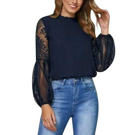 Gnshining Lace Sleeve Blouses for Women Crew Neck Long Sleeve Tunic Tops Fall Trendy Casual Solid Color Shirts