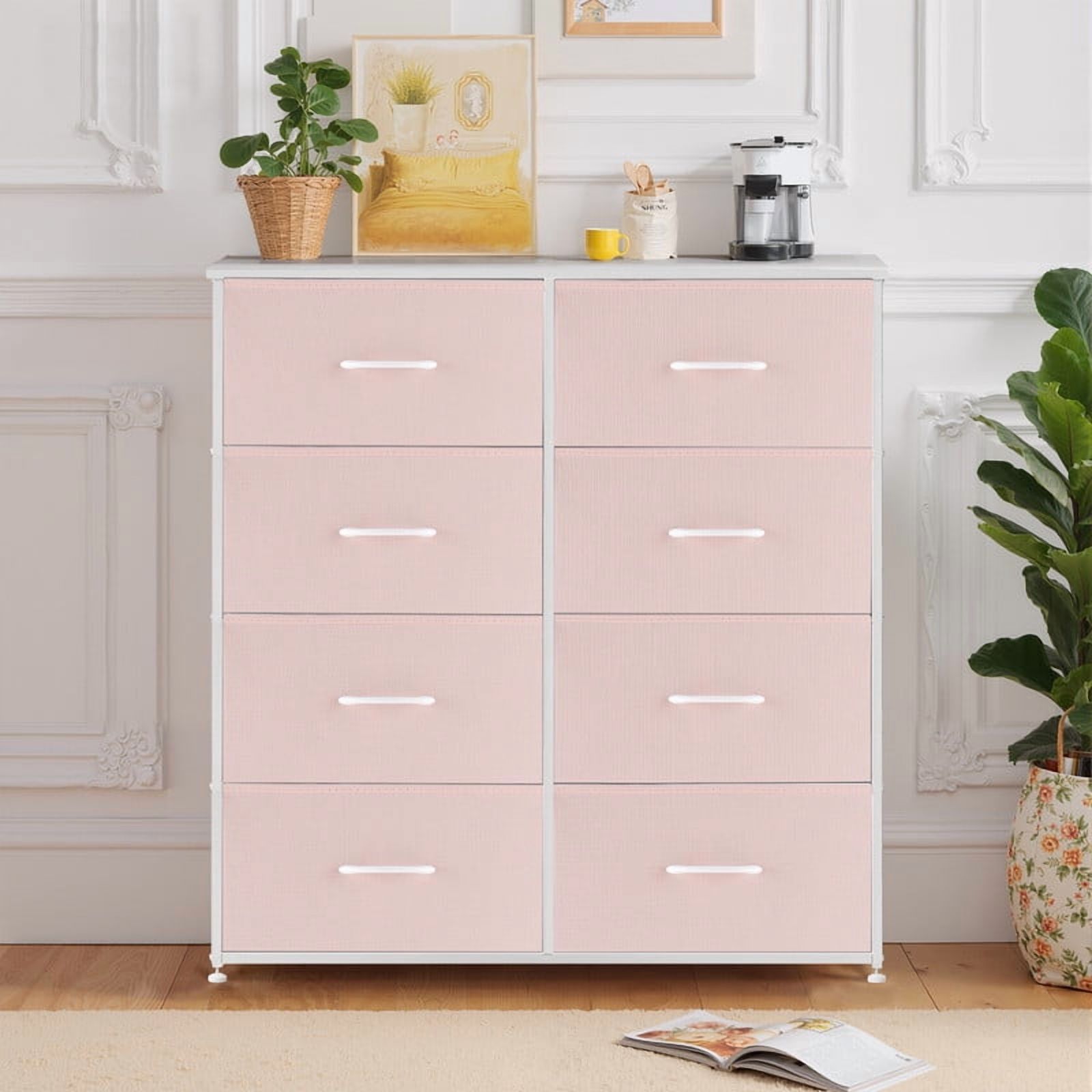 Bigleap 8-Drawer Dresser, Fabric Storage Tower for Bedroom, Hallway, Entryway, Tall Chest Organizer Unit with Fabric Bins,Pink